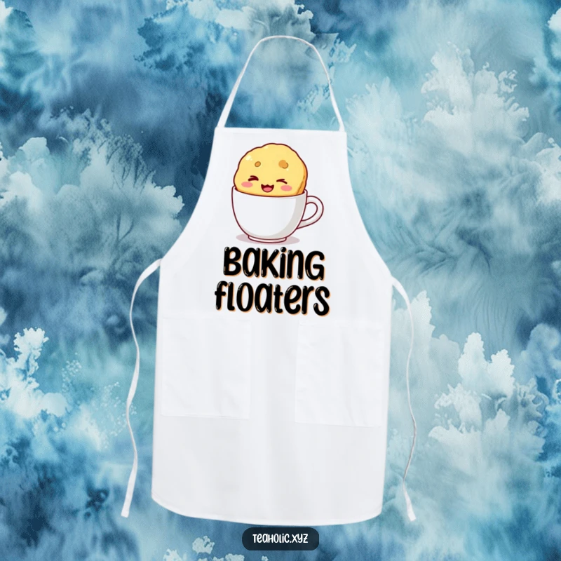 Funny apron showing a winking biscuit with a wide smile floating in a mug, bringing humor and practicality to the kitchen.