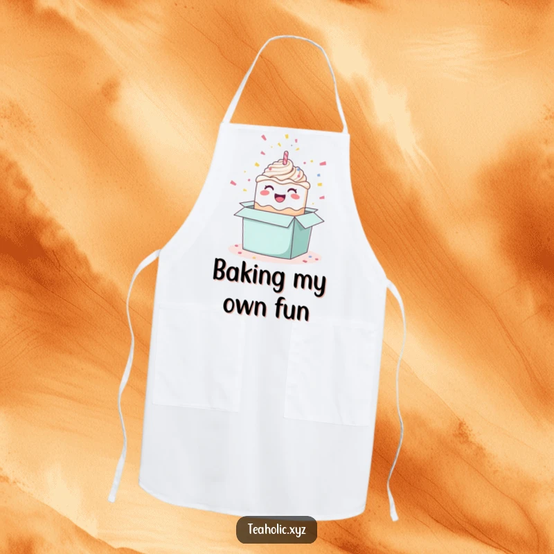 Funny happy cake apron, perfect for baking and kitchen fun, featuring a celebratory cake popping out of a box with confetti.
