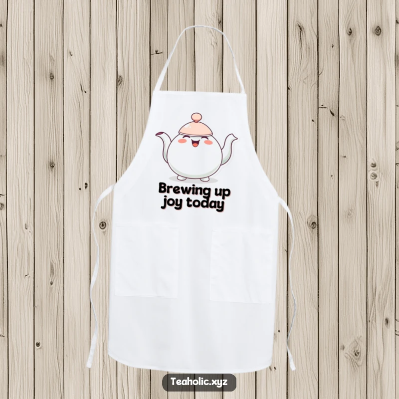 Funny apron with a cheerful teapot character bobbing up and down, overflowing with joy.