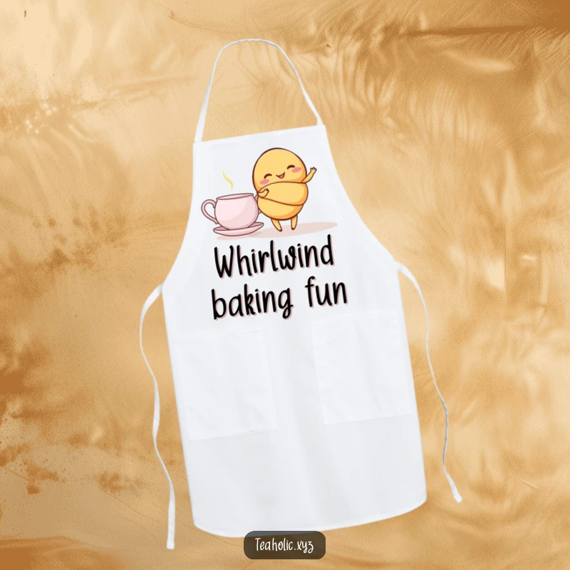 Funny croissant apron showing a giggling croissant doing a graceful twirl beside a teapot, a protective and humorous kitchen accessory.
