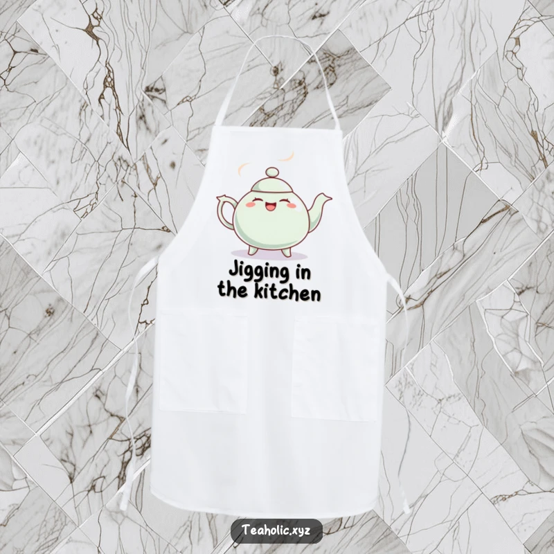 Funny apron showing a giggling teapot with steam puffs dancing a jig, bringing humor and practicality to the kitchen.