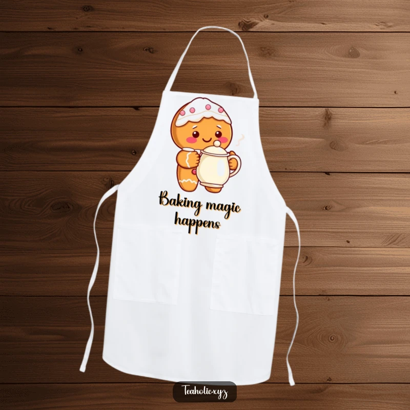 Funny gingerbread character with a steaming teapot on a kitchen apron, perfect for holiday baking and cooking.