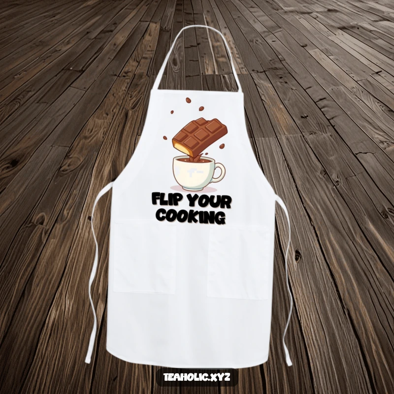 Funny playful chocolate bar doing a somersault over a steaming mug, perfect for a kitchen apron.