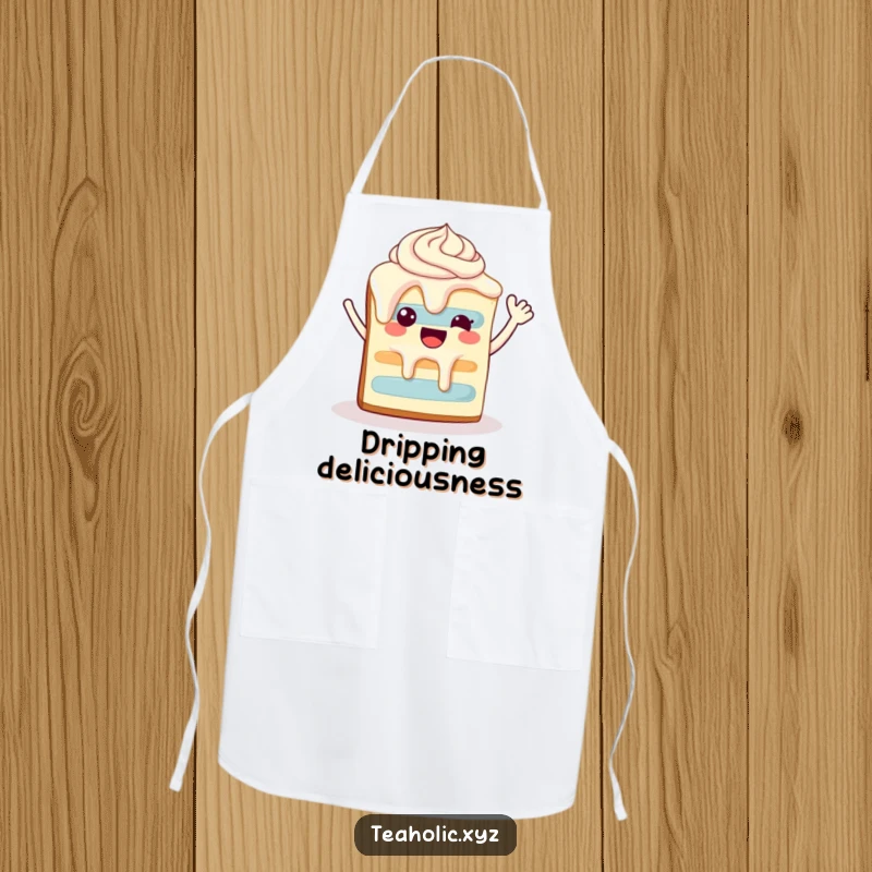 Funny happy slice of cake with dripping frosting, waving enthusiastically, perfect for a kitchen apron.
