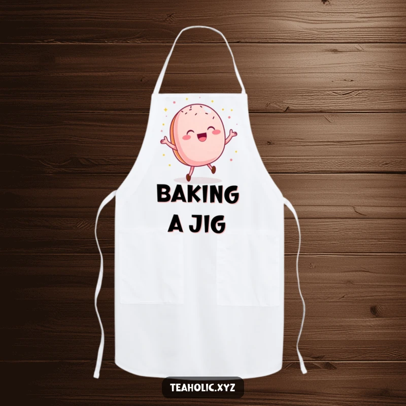 Funny macaroon apron showcasing a delighted pastry doing a happy dance with sprinkles, a humorous cooking accessory.