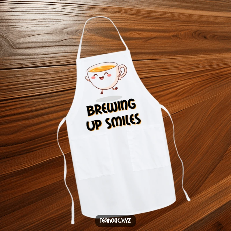Funny Apron featuring a smiling tea cup doing a happy jump with swirling steam, bringing cheer to culinary creations.