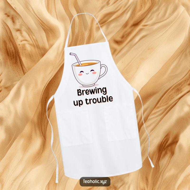 Funny Teacup Character Apron: A smiling teacup with a wiggling straw enjoying a sip, ready for kitchen duty.