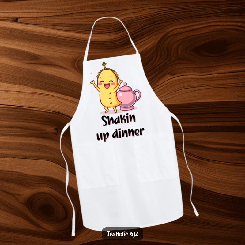 Funny taco doing a joyful shimmy next to a teapot, on a humorous and functional kitchen apron.