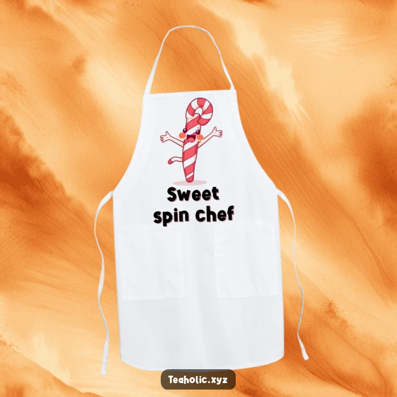 Funny apron showcasing a joyful candy cane in a cartwheel pose, ready to bring sweet flair to any cooking task.