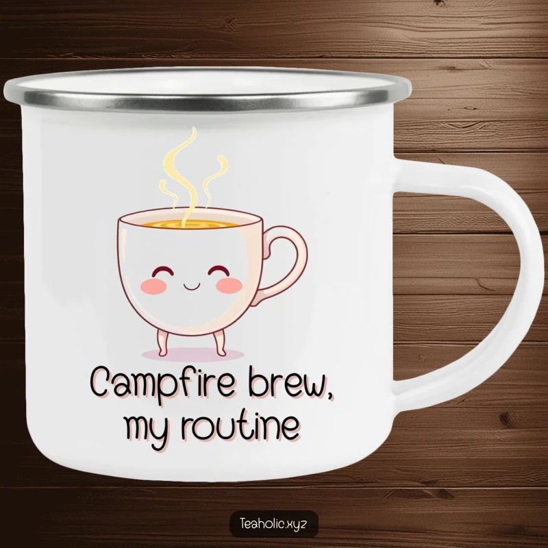 Funny Teacup Camping Mug: A smiling teacup with tiny legs cheerfully pours liquid, ready for cheerful outdoor adventures.