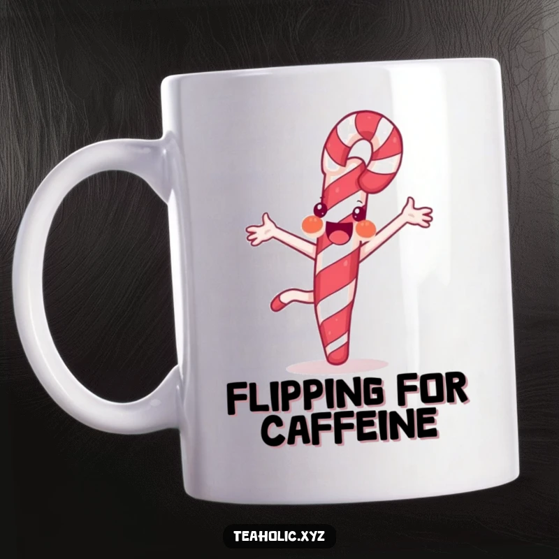 Funny mug featuring a joyful candy cane doing a dynamic cartwheel with its striped flair, radiating festive energy.