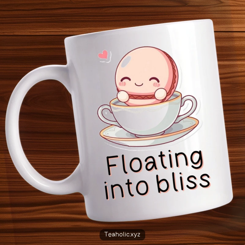 Funny blissful macaroon character floating serenely on a delicate tea saucer on a mug.
