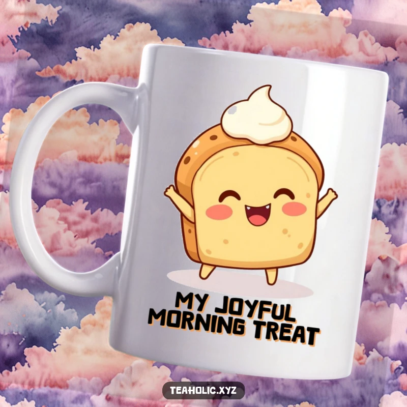 Funny Scone Mug: A delighted scone with a dollop of cream bounces joyfully, radiating pure, sweet happiness.