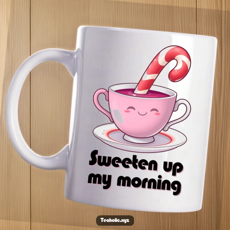 Funny smiling candy cane leisurely dipping its tip into a swirling, steaming teacup on a whimsical mug.