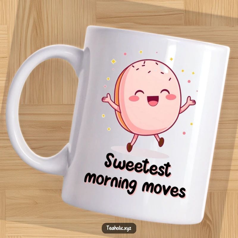 Funny macaroon mug showing a delighted pastry doing a happy dance with sparkly sprinkles, a sweet and humorous gift.