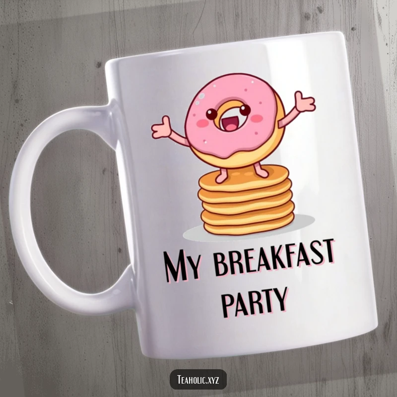 Funny mug featuring a cheerful donut with legs joyfully bouncing on a stack of pancakes, depicting a fun breakfast scene.