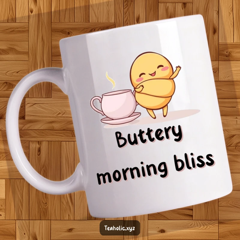 Funny croissant mug featuring a giggling croissant performing a graceful twirl next to a steaming teapot, exceptionally amusing and charming.