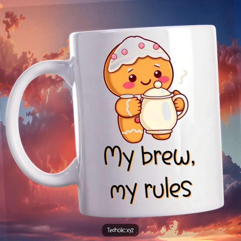 Funny gingerbread character with a sweet icing smile holding a steaming teapot, perfect for a cozy morning coffee or tea.