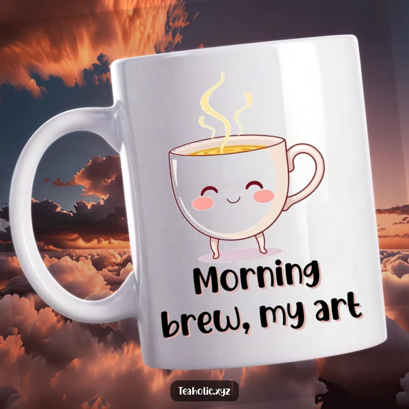 Funny Teacup Mug: A smiling teacup with tiny legs cheerfully pours steaming liquid, bringing warmth and humor to your beverage.