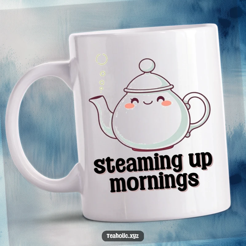 Funny Teapot Character Mug: A cute teapot wearing a hat, happily pouring steam in a cheerful puff.