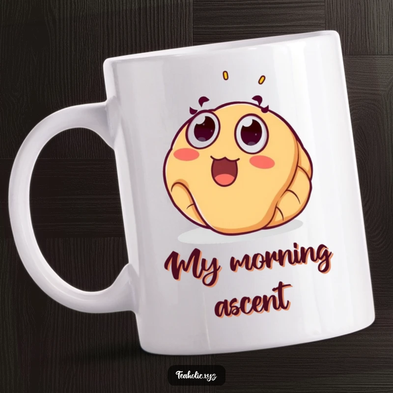 Funny croissant mug showing a surprised pastry with wide eyes joyfully floating upwards, a delightful and humorous gift for foodies.