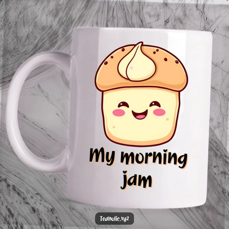 Funny Mugs: A smiling scone with cream joyfully hops, showcasing its delightful and happy bakery-themed personality.