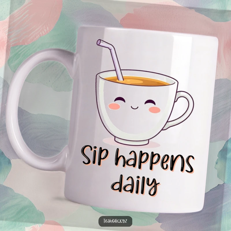Funny Teacup Character Mug: A smiling teacup with a wiggling straw joyfully taking a big sip.