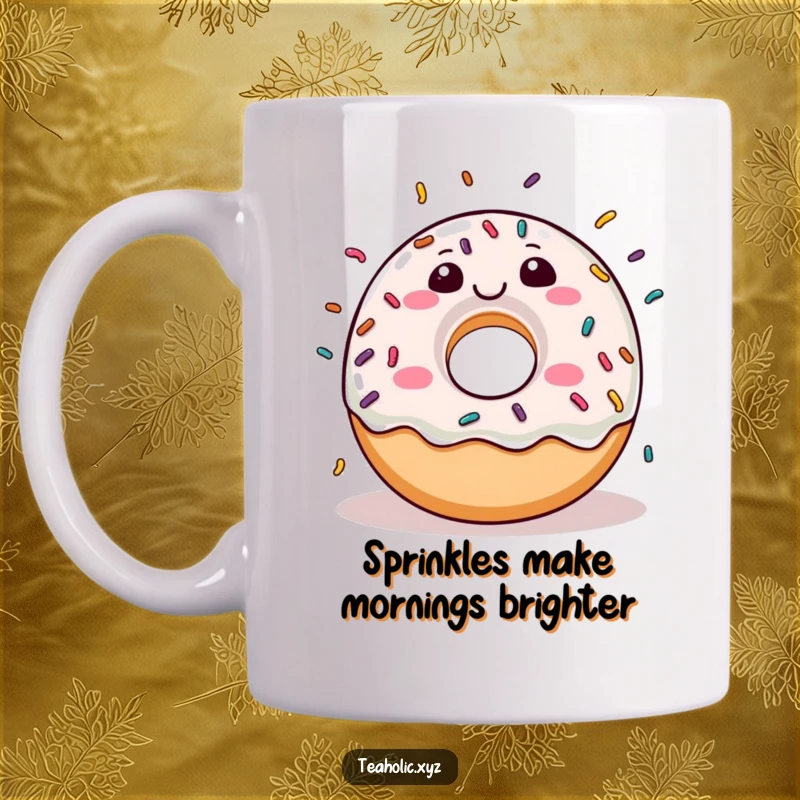Funny donut character joyfully raining sprinkles on a clean white mug, perfect for coffee lovers.