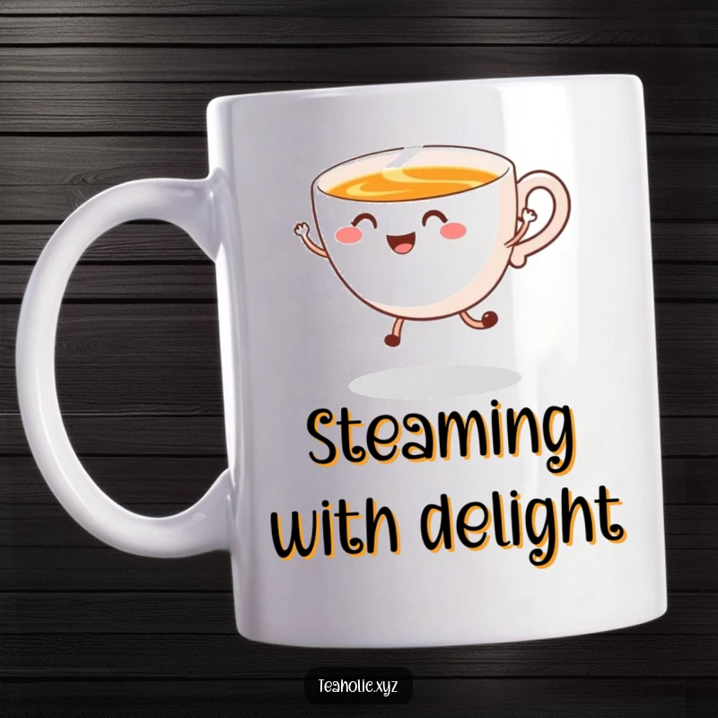 Funny Mug featuring a smiling cup of tea doing a happy jump with whimsical steam swirling, radiating warmth and cheer.