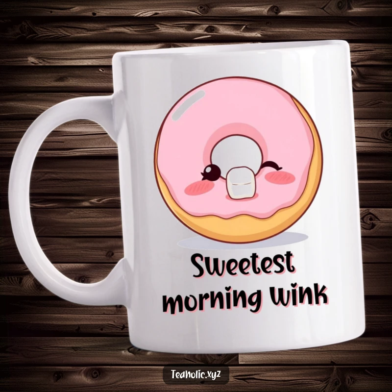 Funny Mug featuring a blushing donut winking slyly while expertly balancing a tiny sugar cube, conveying playful charm.