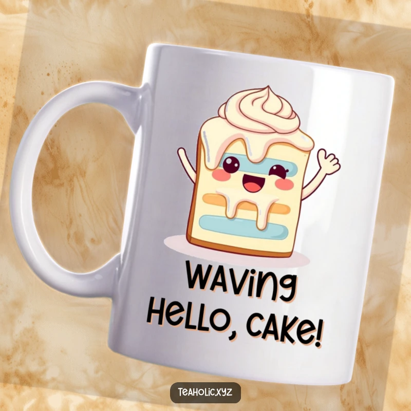 Funny happy slice of cake with dripping frosting, waving enthusiastically, on a cheerful mug.