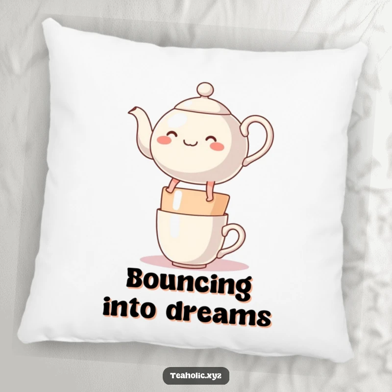 Funny cheerful teapot character with legs, bouncing merrily on a stack of mugs, on a soft and plush pillow.