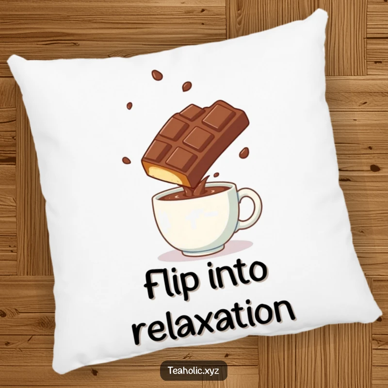 Funny playful chocolate bar doing a somersault over a steaming mug, a soft and humorous pillow.