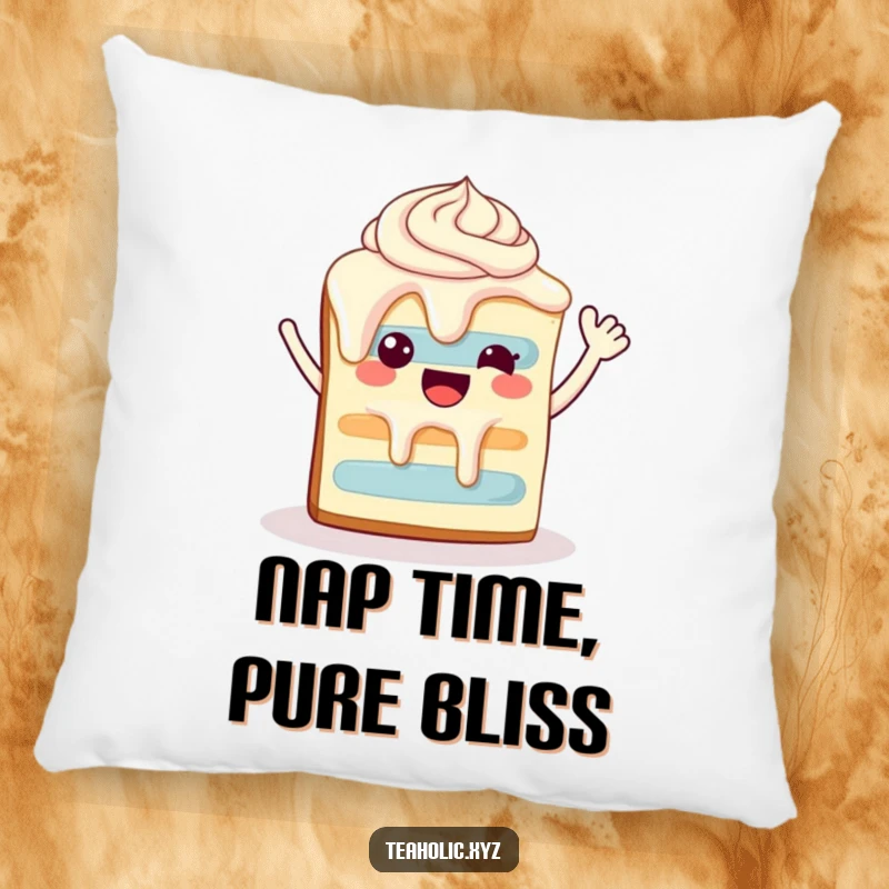 Funny happy slice of cake with dripping frosting, waving enthusiastically, a soft and humorous pillow.