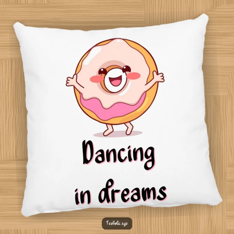 Funny pillow featuring a smiling donut character happily doing a little dance, with sprinkles and icing details.