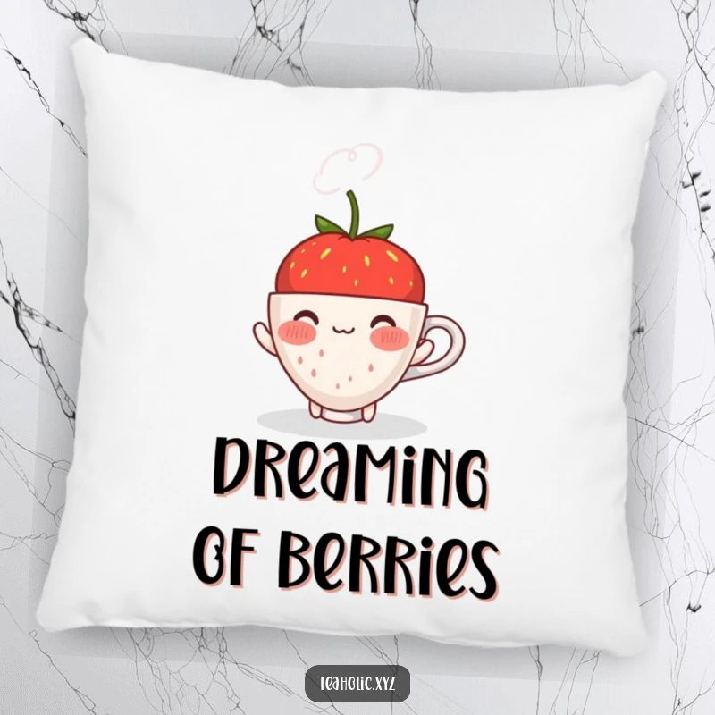 Funny blushing strawberry offering a steaming cup with a shy smile, designed for a soft and humorous decorative pillow.