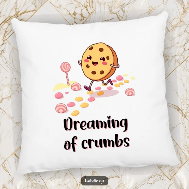 Funny Pillow showcasing a cheerful cookie character skipping along a candy path, offering comfort and whimsical decor.