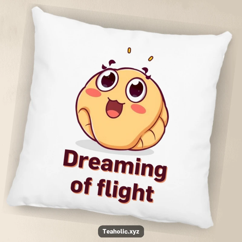 Funny croissant pillow with a surprised pastry floating joyfully upwards, a comfortable and humorous decorative accent.
