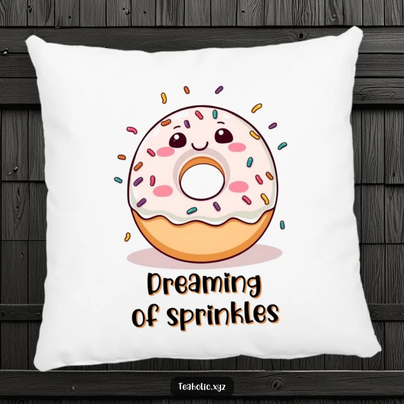 Funny donut character joyfully raining sprinkles, creating a soft and cuddly pillow.