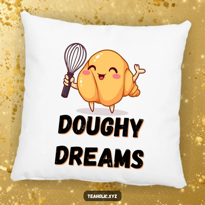 Funny pillow featuring a whimsical croissant enthusiastically waving a mini whisk, offering a cozy and humorous touch to any seating area.