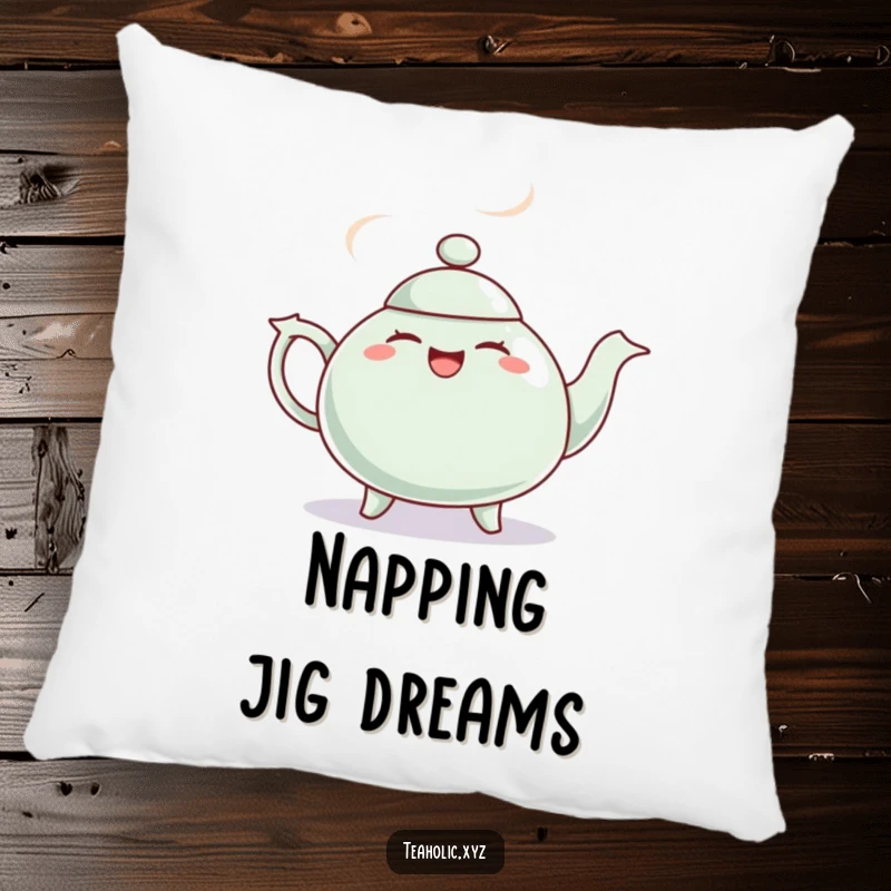 Funny pillow featuring a giggling teapot with steam puffs dancing a jig, offering comfort and a touch of playful energy.