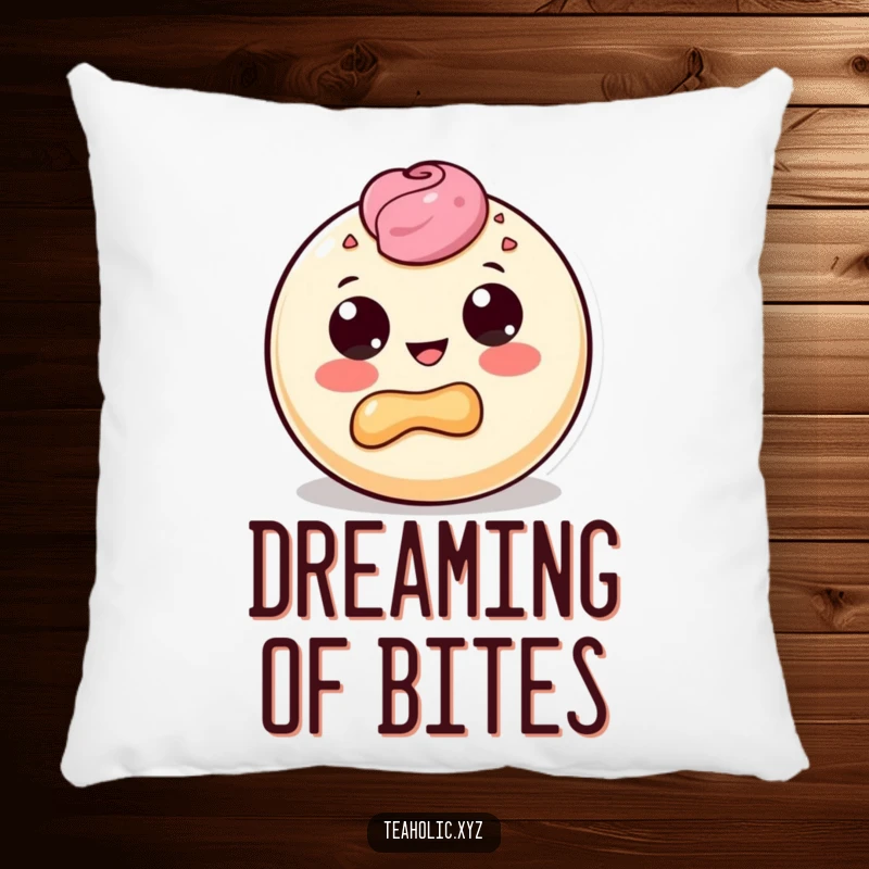 Funny pillow featuring a round pastry character with big dot eyes, happily taking a delighted bite out of its own body.