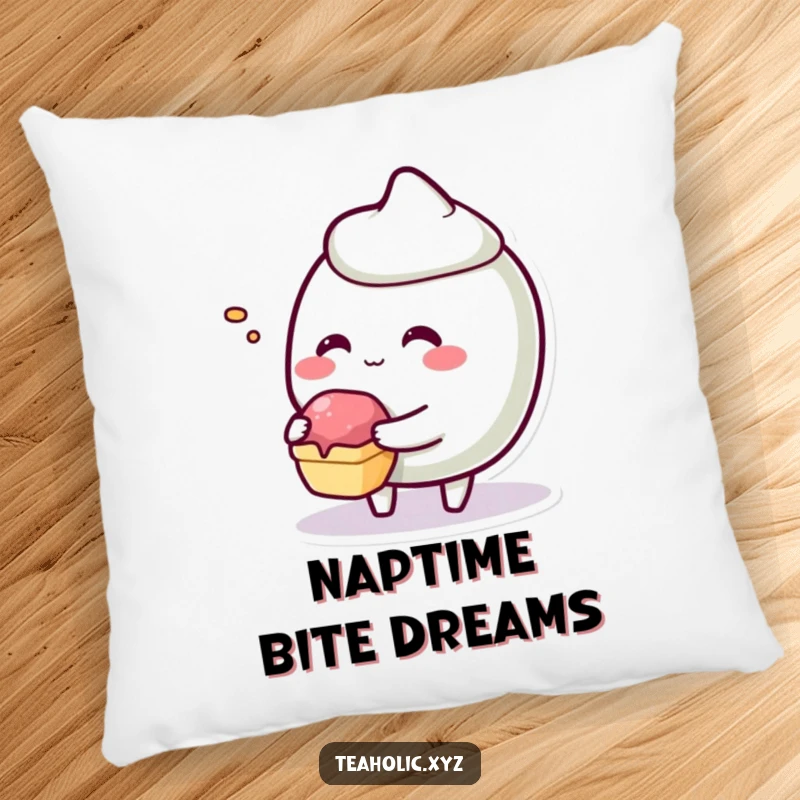 Funny giggling pastry character offering a tiny bite on a soft and comfortable pillow.