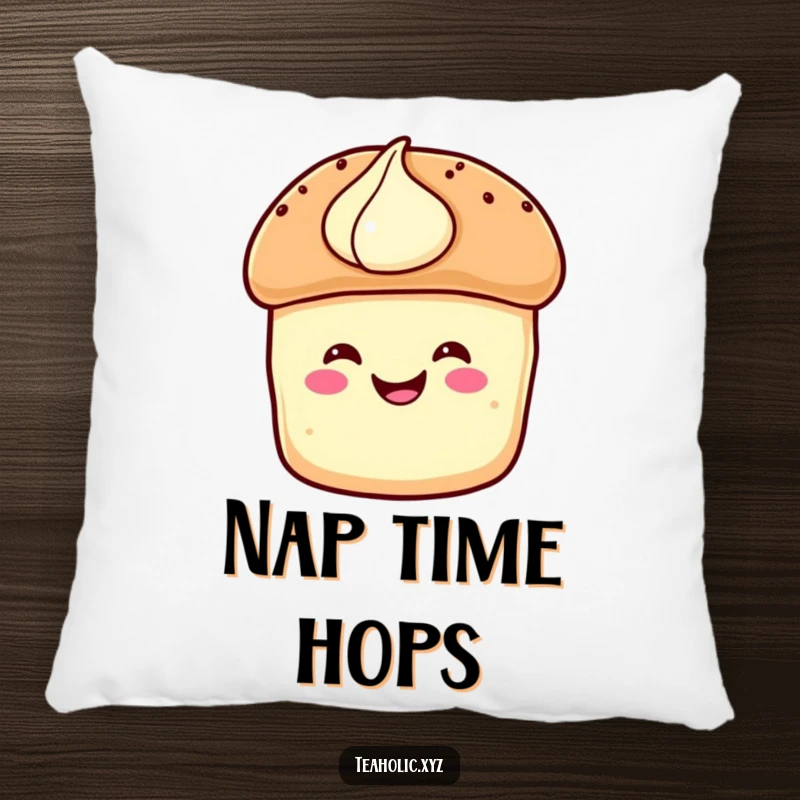 Funny Pillow: A smiling scone with a dab of cream hops with delight on this soft and cozy decorative pillow.