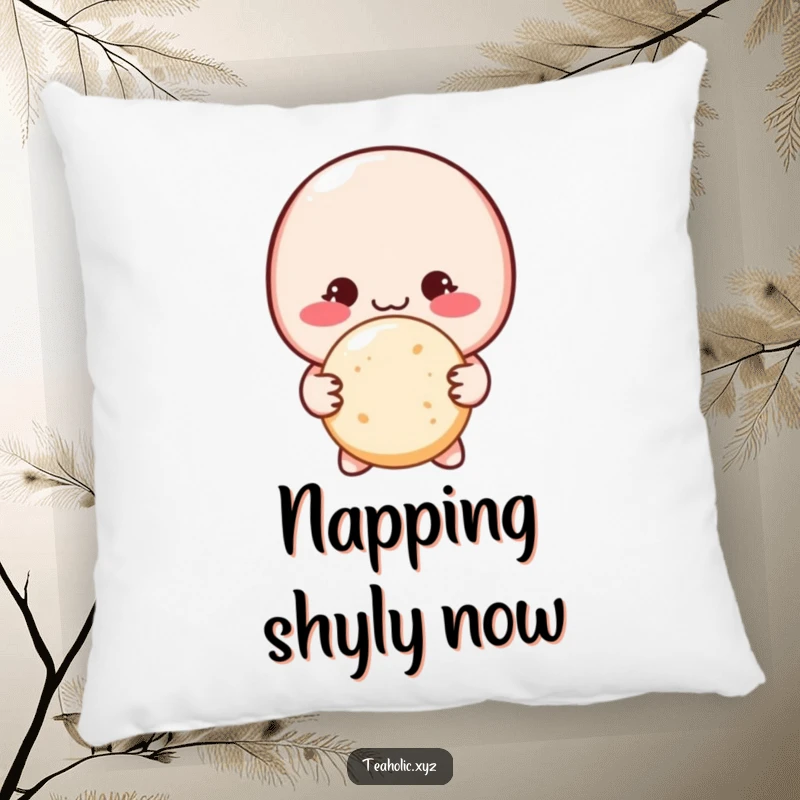 Funny blushing macaron character shyly offering a sugar cookie with both hands on a soft and cozy pillow.