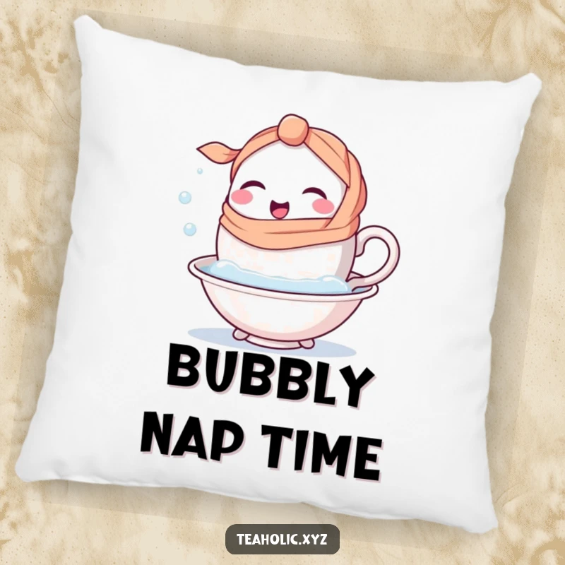 Funny happy teacup character with a handle-scarf winking while taking a bubbly bath on a soft and cozy pillow.