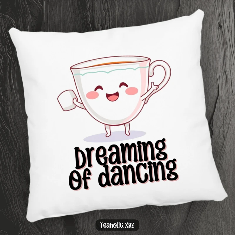Funny pillow displaying a smiling teacup with small arms dancing with a sugar cube, offering comfort and a touch of whimsy.