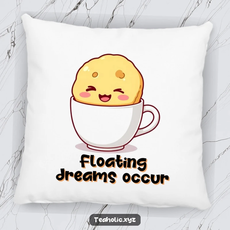 Funny pillow featuring a winking biscuit with a wide smile floating in a mug, offering comfort and a touch of cheeky humor.