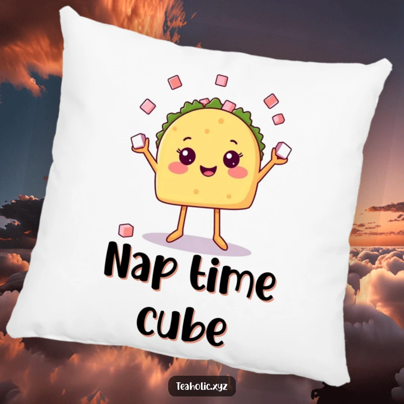 Funny pillow featuring a happy taco with legs juggling sugar cubes, offering a cozy and humorous touch to any seating area.