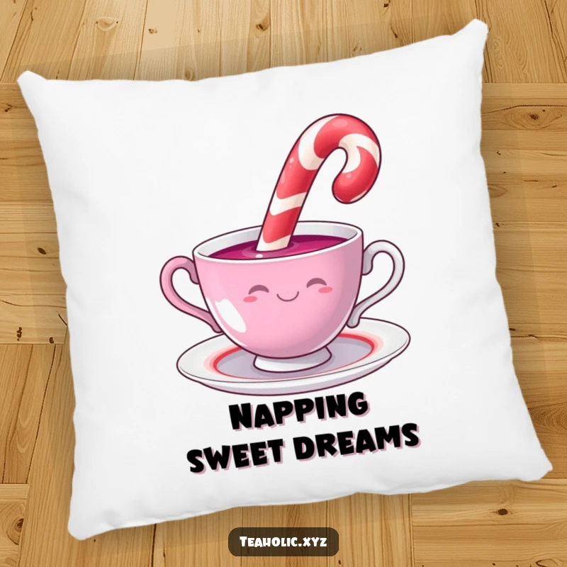 Funny smiling candy cane dipping into a swirling teacup, designed for a soft and humorous decorative pillow.